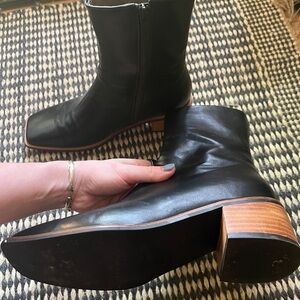 Shop peche (ganni style) leather boots w wood block heel - worn once